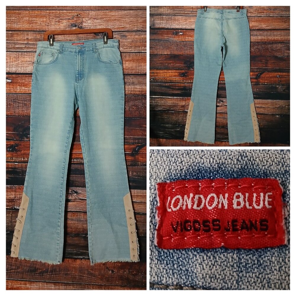 London Blue VIGOSS Vintage Jeans 15 16 Flare Leg Lace Cuff High Rise Raw Hem